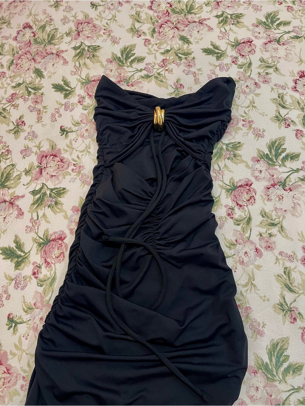 Zara Black Strapless Ruched Dress with Gold Accent